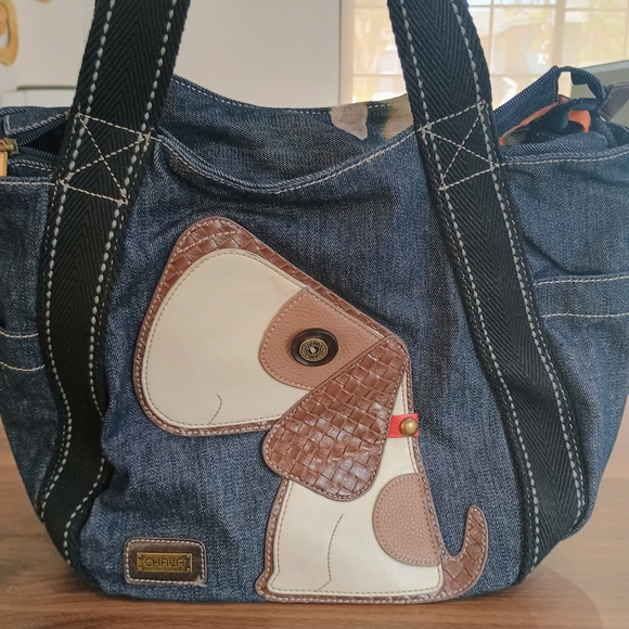 Chala Denim Tote with Brown & Cream Puppy Applique - Picture 12 of 13